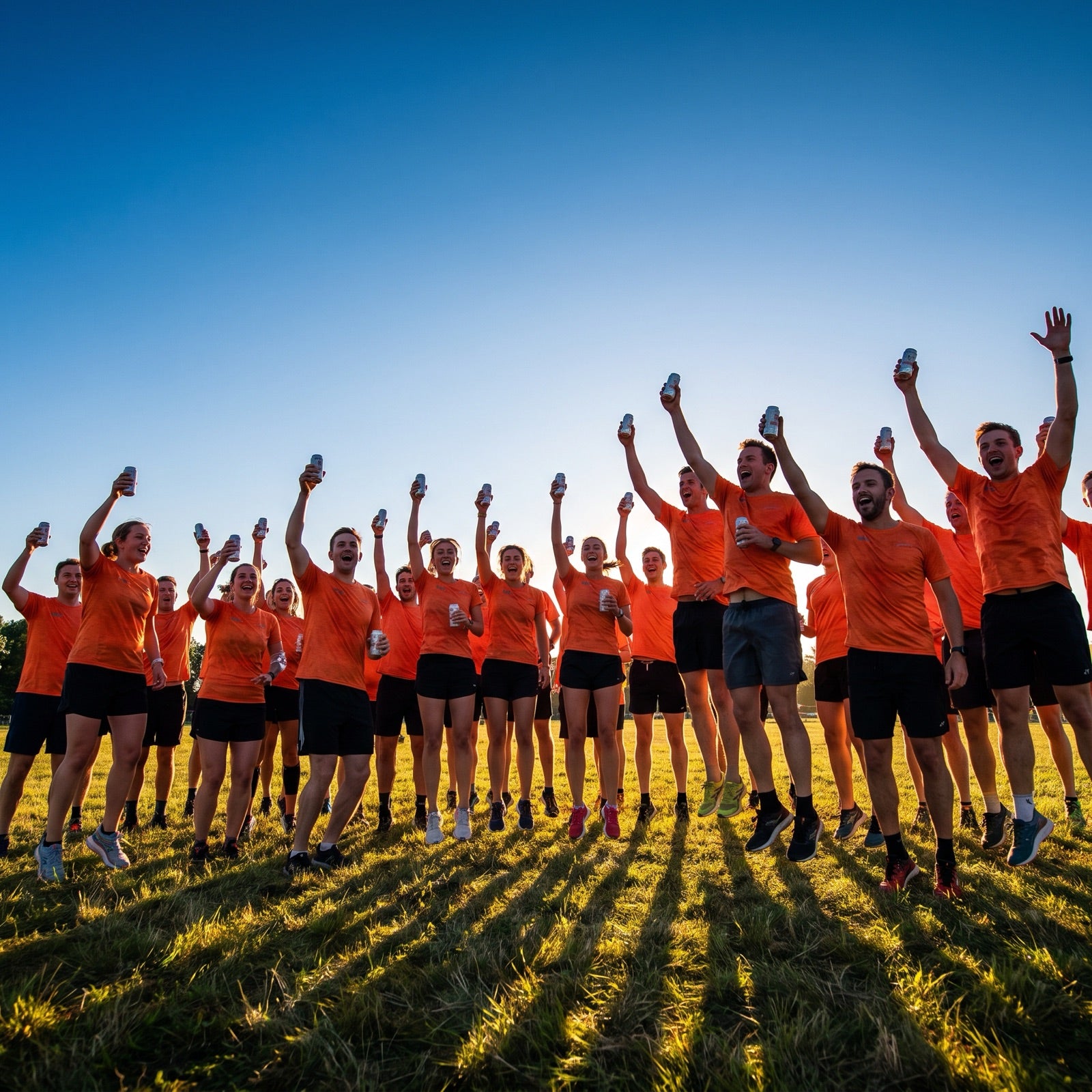 Runners in matching orange shirts celebrating at golden hour with cans raised